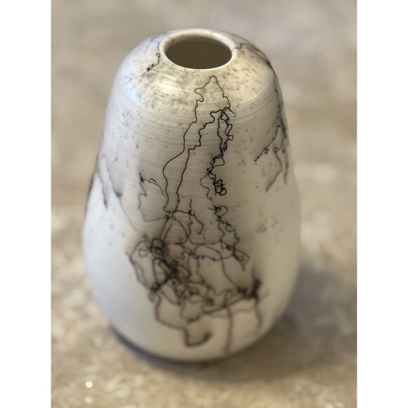 Raku Horse Hair Pottery Vase Round 6.5" Handmade Signed - Picture 2 of 10